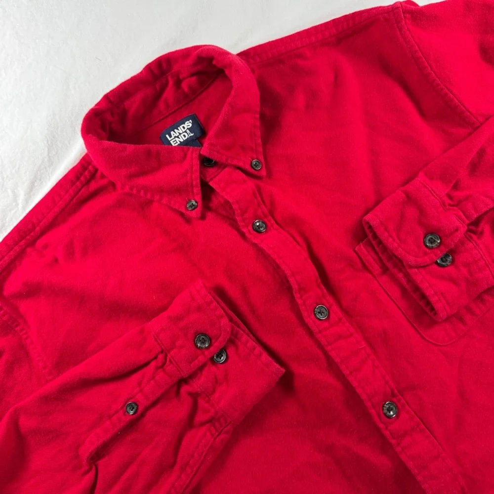 Lands' End Men's Size L Red Traditional Fit Flannel Button Down Shirt 461909